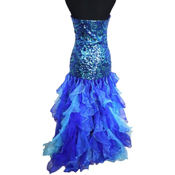 Vienna Blue Strapless Dress Sequin Chiffon Tiered Ruffled Bottom Hi Low Gown 6 - Picture 9 of 14